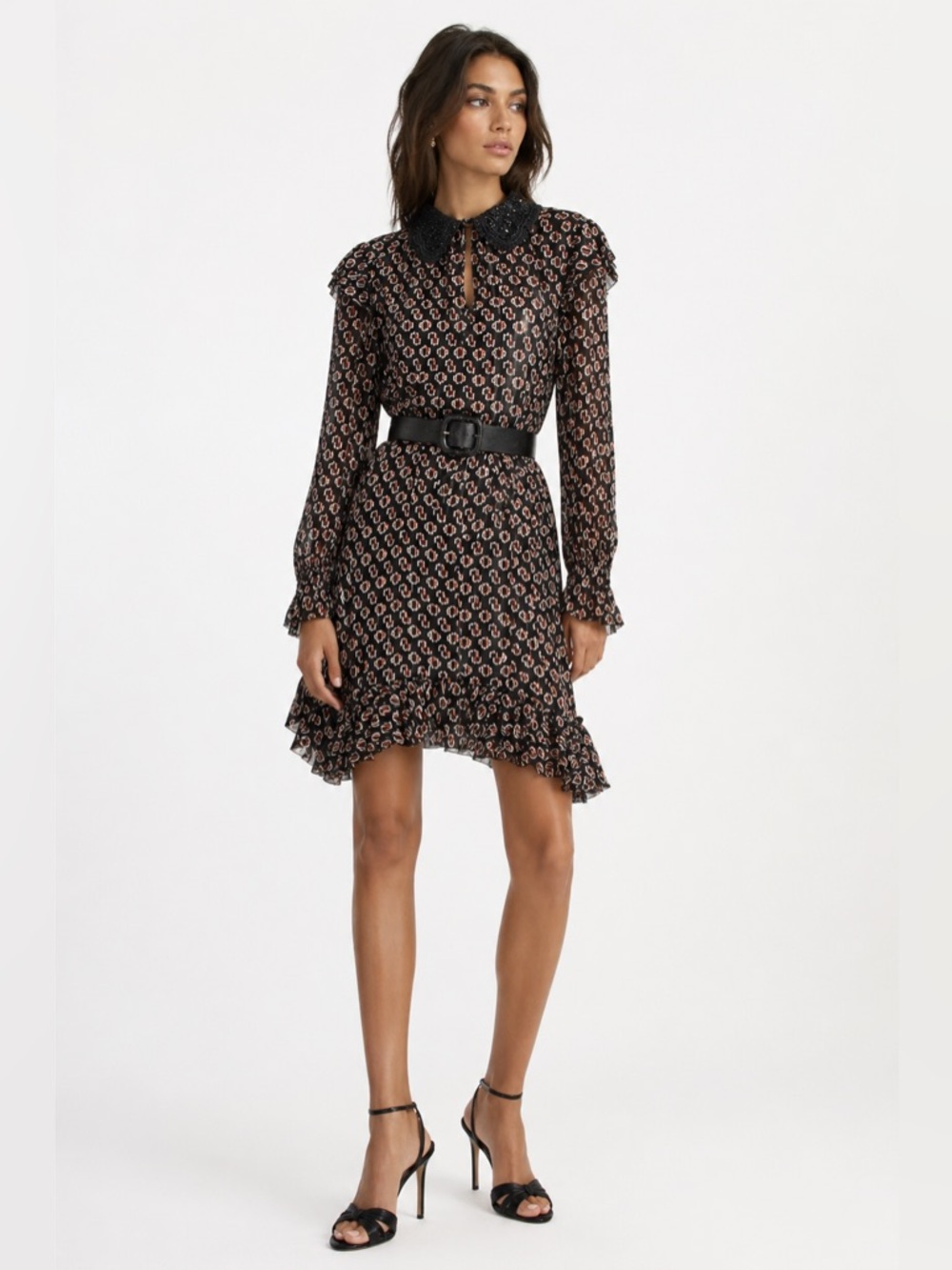 Maje Printed Mini Shirt Dress Black Silk Blend Beaded Collar Belted Size 36